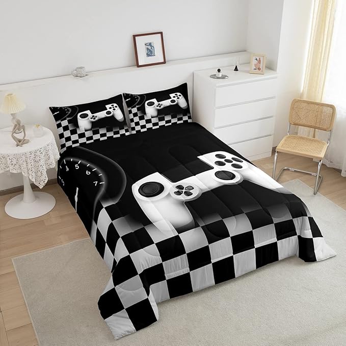 Erosebridal Gamer Comforter Set King,Gaming Bedding Set for Kids Teens,Black and Grey Buffalo Plaid Reversible Duvet Insert,Novelty Gamepad Pattern Down Comforter with 2 Pillow Shams Lightweight
