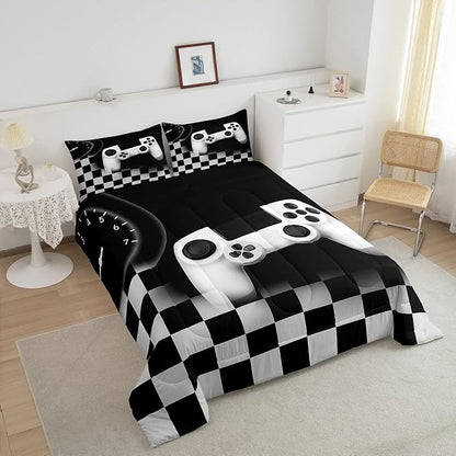 Erosebridal Gamer Comforter Set King,Gaming Bedding Set for Kids Teens,Black and Grey Buffalo Plaid Reversible Duvet Insert,Novelty Gamepad Pattern Down Comforter with 2 Pillow Shams Lightweight