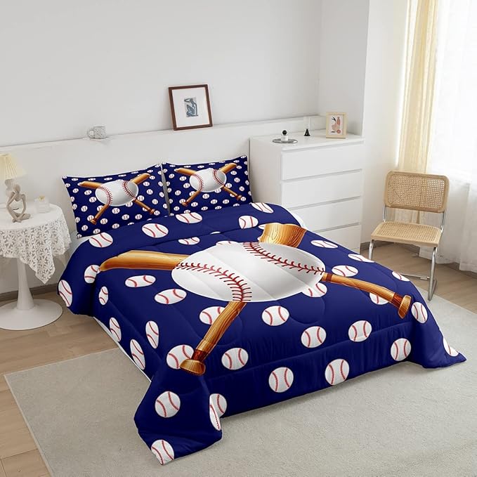Feelyou Baseball Comforter Set Sports Bedding Set Ball Comforter for Kids Boys Girls Baseball Games Blue Duvet Set Room Decor Quilt Baseball Bat Print Queen Size Boys