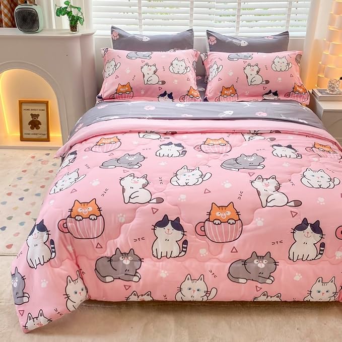 7 Piece Girls Cat Comforter Set Queen Size Bed in A Bag Pink Cute Cartoon Pet Cats Bedding Set for Kids Boys Teens (1 Comforter, 1 Flat Sheet, 1 Fitted Sheet, 4 Pillow Sham) Gray