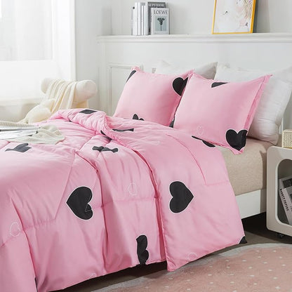 Love Pattern Girls Pink Comforter Set Queen Size, Blush Pink Cute Love Heart Sexy Comforter Bedding Set for All Seasons, Geometric Soft Microfiber 3 Pieces Comforter Set with Pillowcases