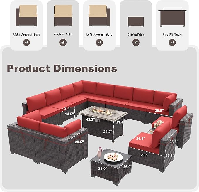 Patio Furniture Set with Fire Pit Table 15 PCS Outdoor Sectional Furniture Outdoor Rattan Patio Conversation Sets with 43in 55,000 BTU Propane Gas Fire Pit Table Glass Table, Red