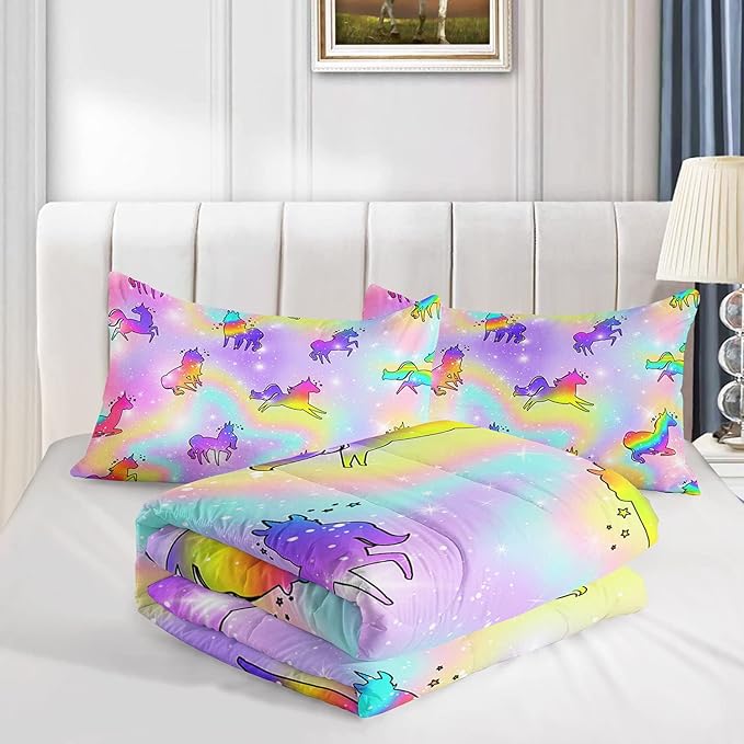 Datura home Unicorn Rainbow Comforter Bedding Set for Girls Kids Children Teens,Sky Glitter Star Colorful Bedding Set with 1 Comforter and 2 Pillowcases(Unicorn3 Twin)