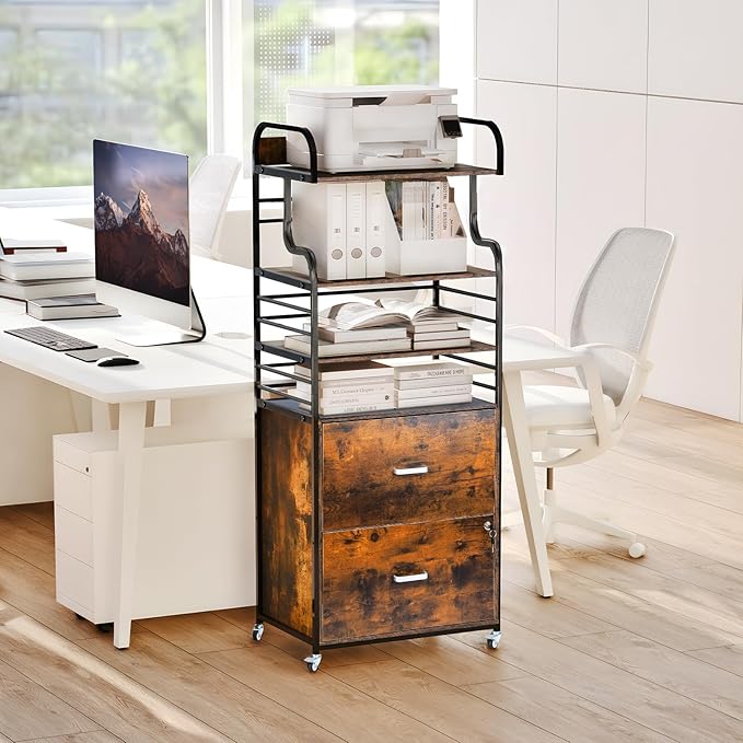 Vertical File Cabinet, 2 Drawer Mobile Filing Cabinet with 3 Bookshelf, Printer Stand with Open Storage Shelves Fits A4/Letter/Legal Size File Cabinets for Home Office Organizer, Brown
