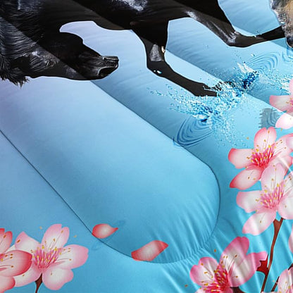 Kid Horse Comforter Set Room Floral Animal Theme Handsome Horse Chic Cherry Blossom Bedding Set 3D Wild Animal Decor Quilt Set for Girls Adult, 1 Comforter + 2 Pillowcases