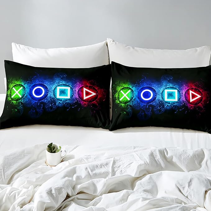 Gamer Comforter Sets for Boys, Video Gaming Comforter Set Full Size, Cool Black Gamer Gamepad Bedding Sets for Boys Kids Playroom Decor, 1 Comforter and 2 Pillowcases
