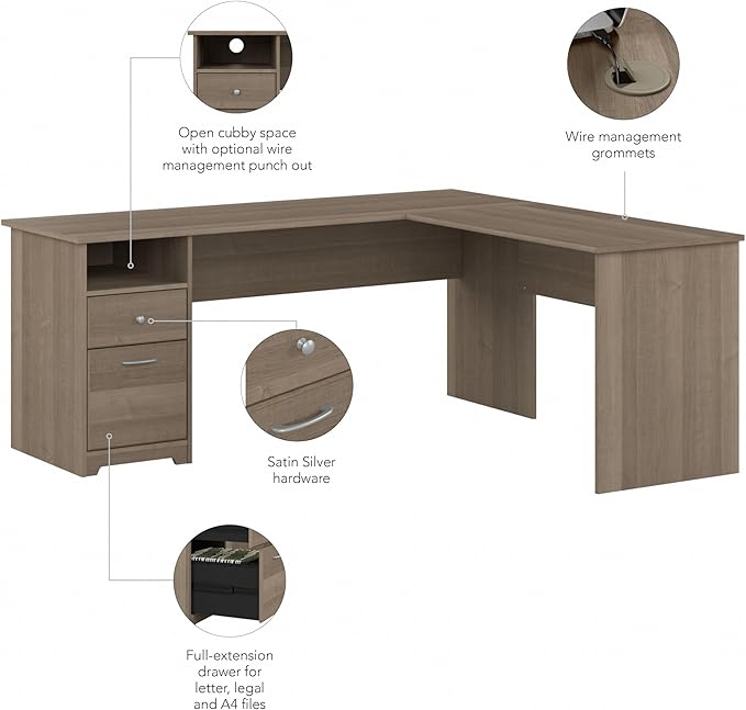 Bush Furniture Cabot 72W L Shaped Computer Desk with Drawers, Ash Gray