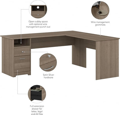 Bush Furniture Cabot 72W L Shaped Computer Desk with Drawers, Ash Gray