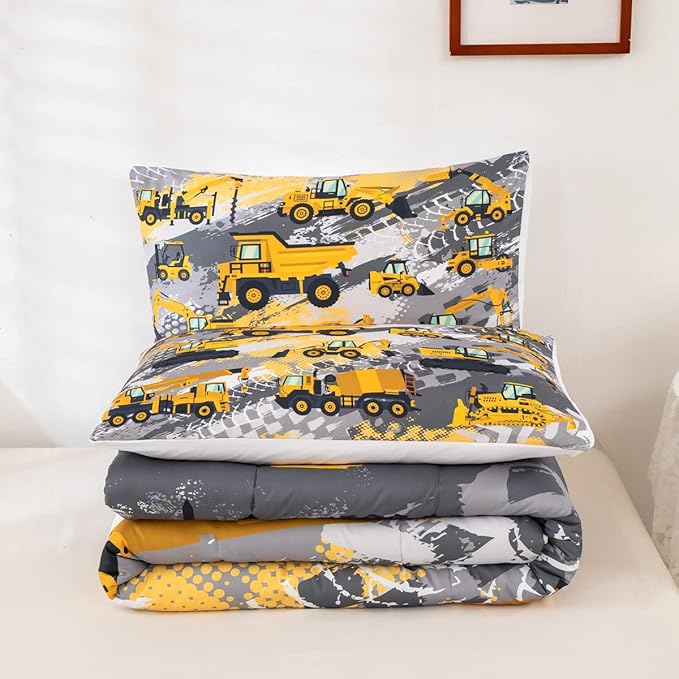 Feelyou Kids Construction Comforter Set Queen Size Bedding Sets for Boys Toddler Children Cartoon Excavator Tractor Comforter Set Construction Machinery Truck Duvet Set Baby Boys Vehicles Cars Bed Set