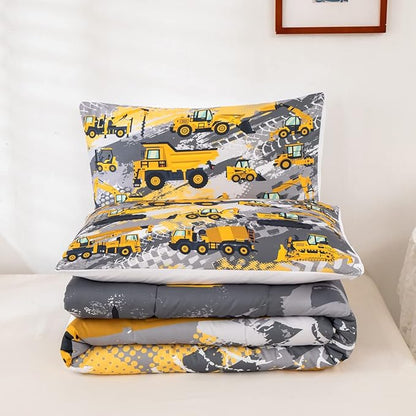 Feelyou Kids Construction Comforter Set Queen Size Bedding Sets for Boys Toddler Children Cartoon Excavator Tractor Comforter Set Construction Machinery Truck Duvet Set Baby Boys Vehicles Cars Bed Set