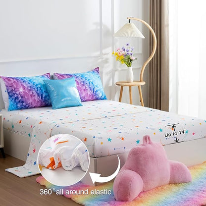 A Nice Night 6Pcs Gradient Abstract Art Grid Mosaic Geometric Bedding Set for Girls, Colorful Rainbow Galaxy Comforter Set, Ultra Soft Bedding Sets (PinkBlue,Full 6Pcs)