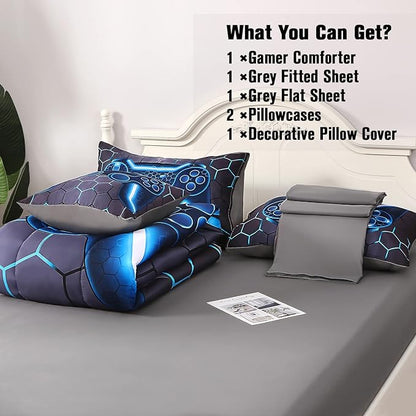 JQinHome Twin Gamer Comforter Set for Boys,6 Piece Bed in A Bag 3D Video Game Bedding -All Season Soft Microfiber Down Alternative Comforter Gamer Bedding Sets for Kids