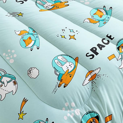 Kawaii Dog Rabbit Fox Comforter Set 3 Pieces Universe Galaxy Outer Space Bedding Set Astronaut Rocket Bed Quilt Set for Girls Boys Kids Blue