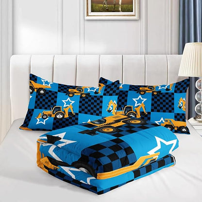 Axolotl Excavator Comforter Set Full Size,Blue Plaid Comforter Set with Star,Excavator Bedding Set for Kids Boys Teens,Construction Vehicle Comforter Set for Boys,1 Quilt 2 Pillowcases