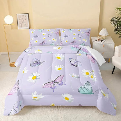 Butterfly Comforter Set for Kids Teens Girls Women,Daisy Kids Comforter,1 Comforter with 2 Pillowcase, Microfiber 3 Piece Bedding Set,for All Seasons(Purple，King Size)
