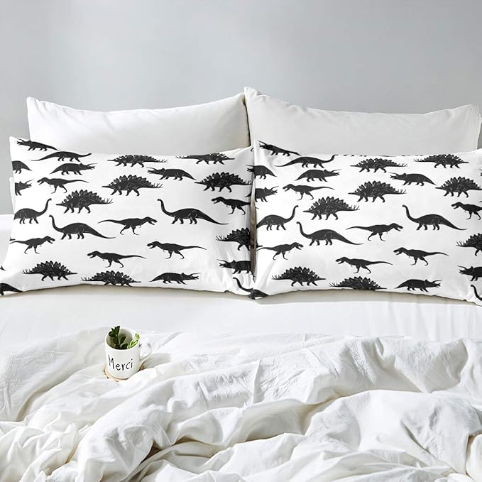 Erosebridal Dinosaur Comforter Set Dino Silhouettes Bedding Set Twin Size, Wildlife Animals Black White Duvet Sets for Kids Boys Teens Adult Bedroom Decor Dinosaurs Comforter with 1 Pillow Case