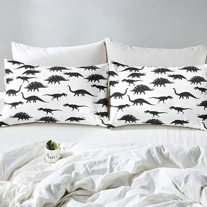 Erosebridal Dinosaur Comforter Set Dino Silhouettes Bedding Set Twin Size, Wildlife Animals Black White Duvet Sets for Kids Boys Teens Adult Bedroom Decor Dinosaurs Comforter with 1 Pillow Case