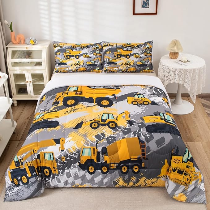 Feelyou Kids Construction Comforter Set Queen Size Bedding Sets for Boys Toddler Children Cartoon Excavator Tractor Comforter Set Construction Machinery Truck Duvet Set Baby Boys Vehicles Cars Bed Set