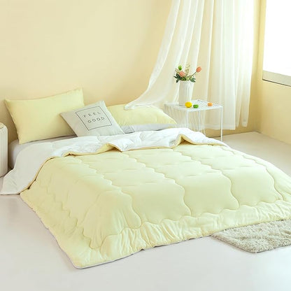 COTTEBED Reversible KING Bedding Comforter Set, Jersey Knit All Season Milk Cup Dual-Side Down Comforters, Super Soft Breathable Fluffy Lightweight Quilt & Pillow Shams(Yellow and White King/Cal King)
