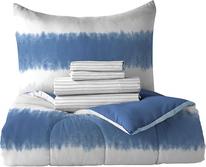 Dream Factory Kids 5-Piece Complete Bed Set Easy-Wash Super Soft Microfiber Comforter Bedding, Twin, Blue Tie Dye Stripe,2D872901BL