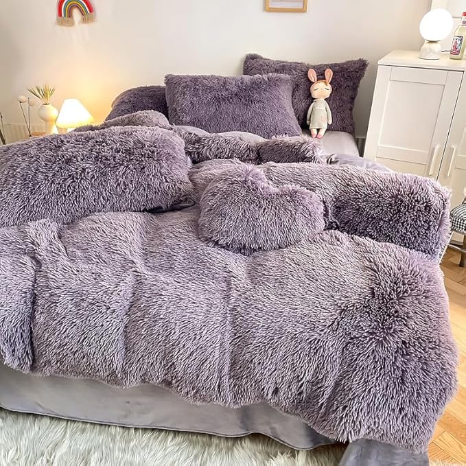 Faux Fur Kid Girls Purple Comforter Sets Queen - 3PC Bed Set Warm Comfortable Soft Plush Flannel Velvet Fluffy Fuzzy Bedding（Comforter x 1 Pillowcases x 2）