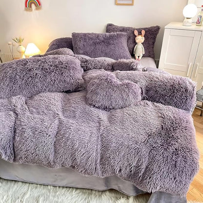 Faux Fur Kid Girls Purple Comforter Sets Queen - 3PC Bed Set Warm Comfortable Soft Plush Flannel Velvet Fluffy Fuzzy Bedding（Comforter x 1 Pillowcases x 2）