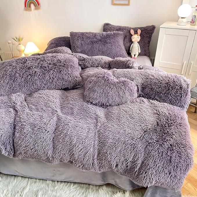 Faux Fur Kid Girls Purple Comforter Sets King - 3PC Bed Set Warm Comfortable Soft Plush Flannel Velvet Fluffy Fuzzy Bedding（Comforter x 1 Pillowcases x 2）
