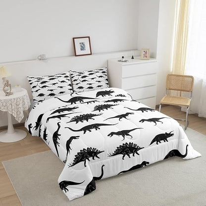 Erosebridal Dinosaur Bedding Set Dino Silhouettes Comforter Set Full Size, Wildlife Animals Black White Quilted Duvet for Kids Boys Teens Adult Bedroom Decor Dinosaurs Comforter with 2 Pillow Cases