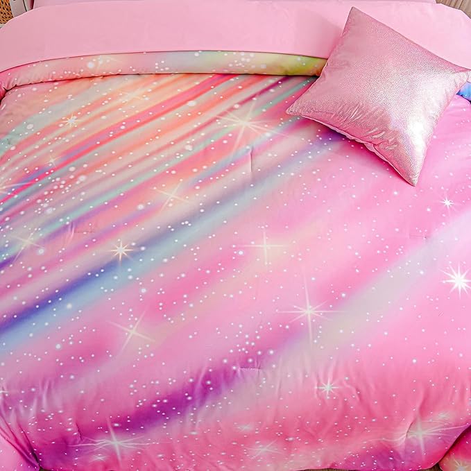 Btargot Super Soft 6 Pieces Gradient Star Ring Comforter Set, Colorful Glitter Rainbow Star Pattern Bedding Set for Boys Girls Teens, Full Pink