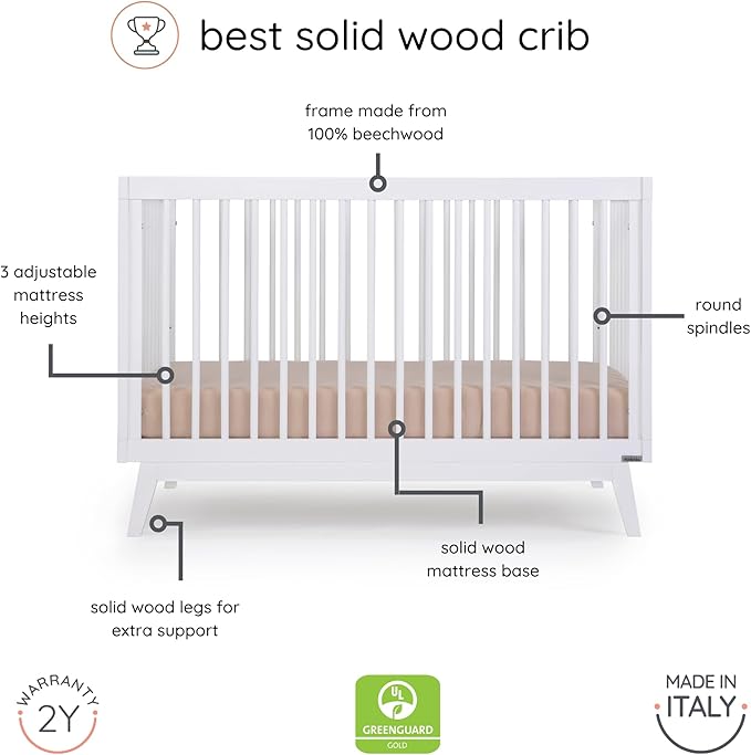 dadada Baby Soho 3-in-1 Convertible Crib to Toddler Bed – Wooden Crib Made in Italy, GREENGUARD Gold Certified Small Baby Crib – Baby-Safe Finish, Modern Design (White)