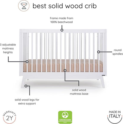 dadada Baby Soho 3-in-1 Convertible Crib to Toddler Bed – Wooden Crib Made in Italy, GREENGUARD Gold Certified Small Baby Crib – Baby-Safe Finish, Modern Design (White)