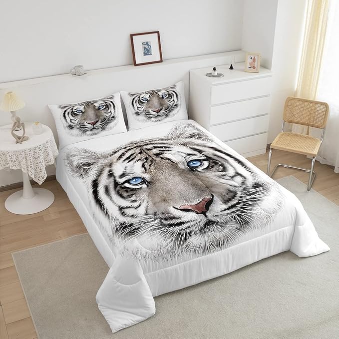 Erosebridal Boys Tiger Comforter Set Queen Size, Wild Animal Print Down Comforter for Boys Girls Teens Adult Bedroom, Grey Tiger Skin Duvet Insert Black White Stripe Bedding Comforters for Bedroom