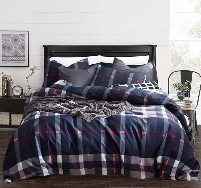 Navy Plaid Comforter Set Full Multicolor Checkered Bedding Quilt Set Navy Blue Tartan Grid Comforter Striped Blanket for Women Teens Adult Navy Checkered Plaid Comforter