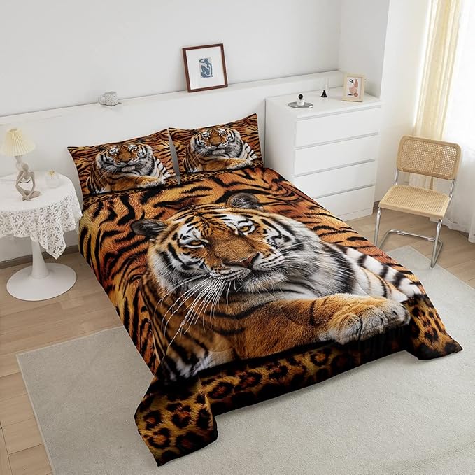 Tiger 3D Print Comforter Set Twin Size Wild Animals Bedding Set 2pcs for Kids Teens Room Decor,Animal Fur Quilt Set Soft Breathable Duvet Insert with 1 Pillowcase