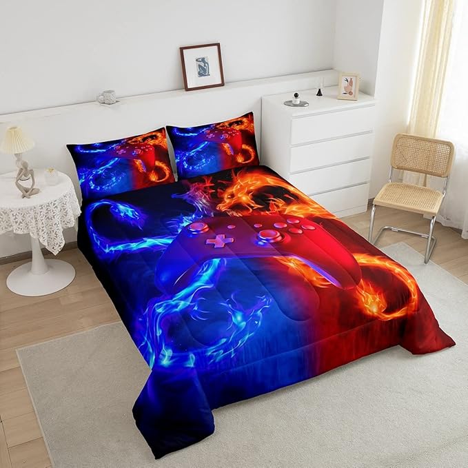 Ice Fire Dragon Comforter Set for Boys Teens Kids Gamer Games Room Decor Bedding Set Blue Red Gaming Gamepad Down Comforter ,Fairy Tale Animals Theme Room Decor 2Pcs Duvet Insert Twin Size,Soft