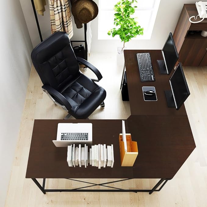 DlandHome L-Shaped Computer Desk 59 inches x 59 inches, Composite Wood and Metal, Home Office PC Laptop Study Workstation Corner Table with CPU Stand, Brown Black and Black Legs, ZJ02-BB