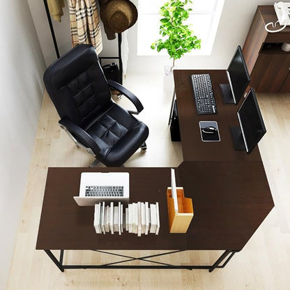 DlandHome L-Shaped Computer Desk 59 inches x 59 inches, Composite Wood and Metal, Home Office PC Laptop Study Workstation Corner Table with CPU Stand, Brown Black and Black Legs, ZJ02-BB