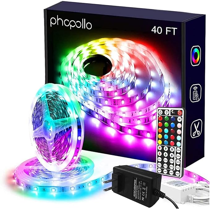 phopollo Led Lights 40ft for Bedroom RGB Color Changing Led Lights Kit with Power Supply and Remote