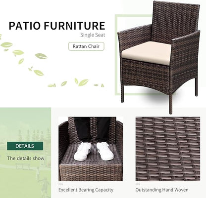 Greesum 3 Pieces Patio Furniture Sets Outdoor PE Rattan Wicker Chairs with Soft Cushion and Glass Coffee Table for Garden Backyard Porch Poolside, Brown and Beige