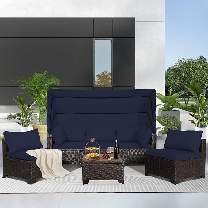 6 PCS Outdoor Patio Furniture Set,Sectional Sofa Set,Rattan Daybed with Retractable Canopy,Adjustable Backrest,Storage Coffee Table,Chaise Chair Sunbed for Garden Poolside Backyard(Navy Blue)