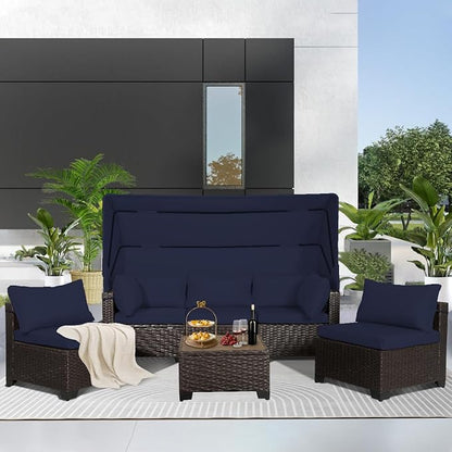 6 PCS Outdoor Patio Furniture Set,Sectional Sofa Set,Rattan Daybed with Retractable Canopy,Adjustable Backrest,Storage Coffee Table,Chaise Chair Sunbed for Garden Poolside Backyard(Navy Blue)