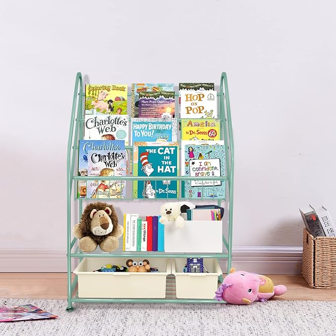 aboxoo Metal Kids Bookshelf Green Bookcase Freestanding for Children Room 24 in Toy Organizer Green Stable Bookcase Bookstore Library Book Unit Storage