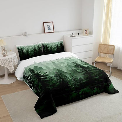 Feelyou Fog Forest Comforter Botanical Pine Trees Comforter Set for Boys Girls Children Watercolor Style Green Comforter Set Room Decor Queen Size Duvet Set 3Pcs