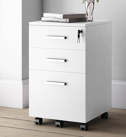 Lazio 26 Inch File Cabinet with Lock - Filing Cabinet for Home and Office - 3 Drawer File Cabinet with Wheels for A4 Sized Letters/Documents, Legal Sized Documents, Hanging File Folders - White/White