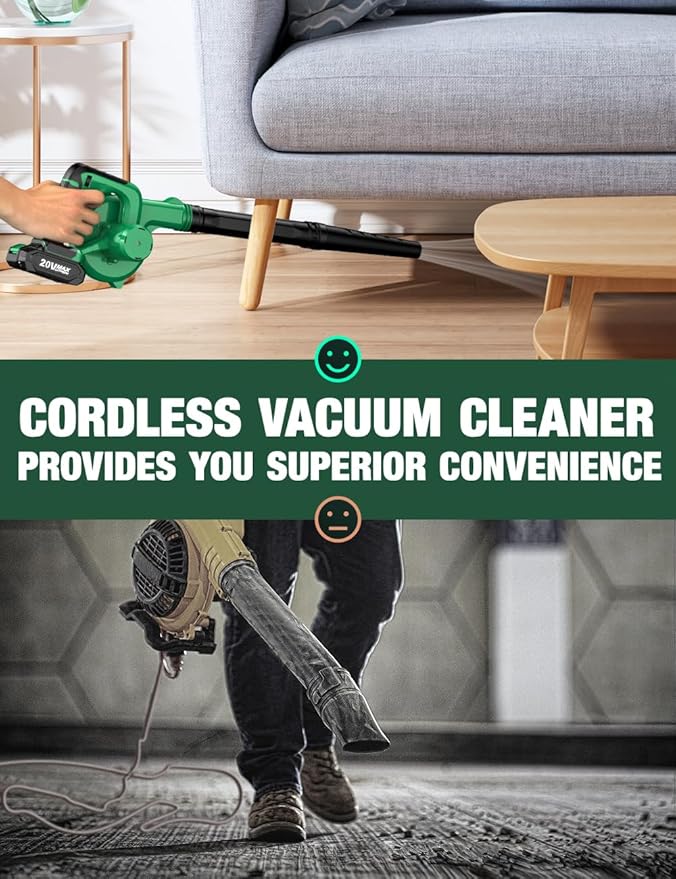K I M O. Cordless Leaf Blower Vacuum Combo 4 IN 1, 3 Nozzles for Inflation & Compression,3 Modes & Variable Speed, 20000RPM 150MPH, 2X2.0Ah Battery, Extended Tube, Mini Leaf Blowers for Lawn Care|Yard