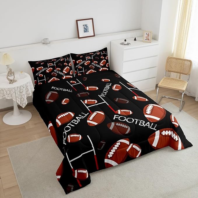 Feelyou Rugby Sports Comforter Set Queen Size Football Comforter for Kids Teens Adults Soccer Ball Game Bedding Set Gift for Football Lover Duvet Set Room Decor 3Pcs with 2 Pillow Case