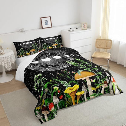 Cute Mushroom Comforter Set Sun and Moon All Season Down Comforter for Kids Boys Girls Teens Trippy Decor Boho Galaxy Constellations Bedding Set Starry Sky Wild Flowers Quilt Set Room Decor Queen Size