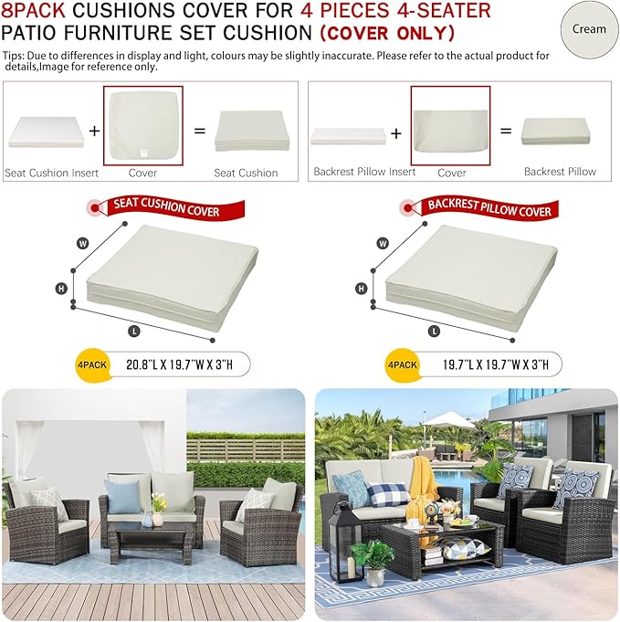 ClawsCover 8 Pack Outdoor Seat and Back Cushions Replacement Covers Fit for 4 Pieces 4-Seater Wicker Rattan Patio Furniture Conversation Set Sectional Couch,Cream-Include Cover Only