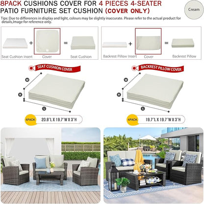 ClawsCover 8 Pack Outdoor Seat and Back Cushions Replacement Covers Fit for 4 Pieces 4-Seater Wicker Rattan Patio Furniture Conversation Set Sectional Couch,Cream-Include Cover Only