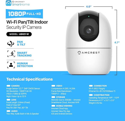 Amcrest 1080P WiFi Camera Indoor, Nanny Cam, Dog Camera, Sound & Baby Monitor, Human & Pet Detection, Motion-Tracking, Phone App, Pan/Tilt Wireless IP Camera, Night Vision, Smart Home ASH21-W